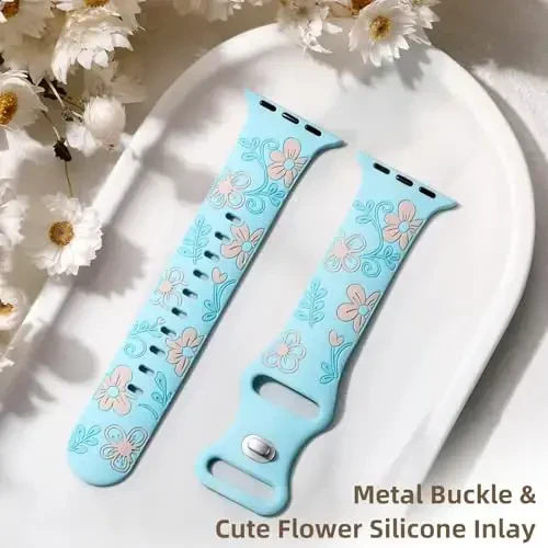 Witzon Floral Band Compatible with Apple Watch Bands For Women 40mm 41mm 38mm 42mm 44mm 45mm 46mm 49mm, Engraved Cute Flower Silicone Inlay Dressy Strap for iWatch Series 10 9 8 7 6 5 4 3 2 SE Ultra - 6