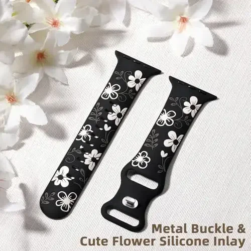 Witzon Floral Band Compatible with Apple Watch Bands For Women 40mm 41mm 38mm 42mm 44mm 45mm 46mm 49mm, Engraved Cute Flower Silicone Inlay Dressy Strap for iWatch Series 10 9 8 7 6 5 4 3 2 SE Ultra - 5