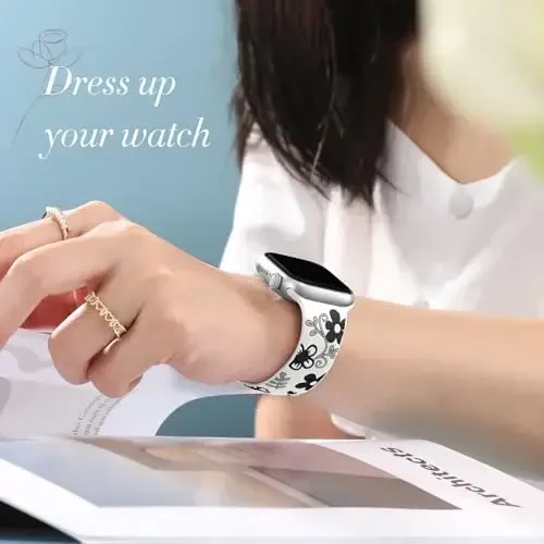 Witzon Floral Band Compatible with Apple Watch Bands For Women 40mm 41mm 38mm 42mm 44mm 45mm 46mm 49mm, Engraved Cute Flower Silicone Inlay Dressy Strap for iWatch Series 10 9 8 7 6 5 4 3 2 SE Ultra - 6