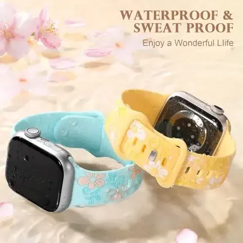 Witzon Floral Band Compatible with Apple Watch Bands For Women 40mm 41mm 38mm 42mm 44mm 45mm 46mm 49mm, Engraved Cute Flower Silicone Inlay Dressy Strap for iWatch Series 10 9 8 7 6 5 4 3 2 SE Ultra - 4