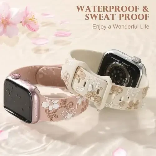 Witzon Floral Band Compatible with Apple Watch Bands For Women 40mm 41mm 38mm 42mm 44mm 45mm 46mm 49mm, Engraved Cute Flower Silicone Inlay Dressy Strap for iWatch Series 10 9 8 7 6 5 4 3 2 SE Ultra - 4