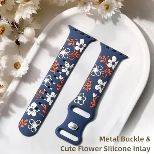 Witzon Floral Band Compatible with Apple Watch Bands For Women 40mm 41mm 38mm 42mm 44mm 45mm 46mm 49mm, Engraved Cute Flower Silicone Inlay Dressy Strap for iWatch Series 10 9 8 7 6 5 4 3 2 SE Ultra - 5