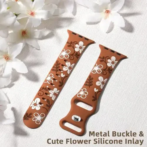 Witzon Floral Band Compatible with Apple Watch Bands For Women 40mm 41mm 38mm 42mm 44mm 45mm 46mm 49mm, Engraved Cute Flower Silicone Dressy Strap for iWatch Series 11 10 9 8 7 6 5 4 3 2 SE Ultra - 5