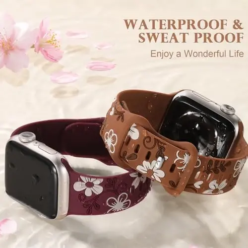 Witzon Floral Band Compatible with Apple Watch Bands For Women 40mm 41mm 38mm 42mm 44mm 45mm 46mm 49mm, Engraved Cute Flower Silicone Inlay Dressy Strap for iWatch Series 10 9 8 7 6 5 4 3 2 SE Ultra - 6