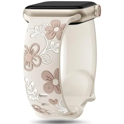 Witzon Floral Silicone Band Compatible with Apple Watch Bands For Women | 40mm 41mm 38mm 42mm 44mm 45mm 46mm 49mm, Engraved Cute Dressy Strap for iWatch Series 12 11 10 9 8 7 6 5 SE Ultra 4 3 2 1 - 1