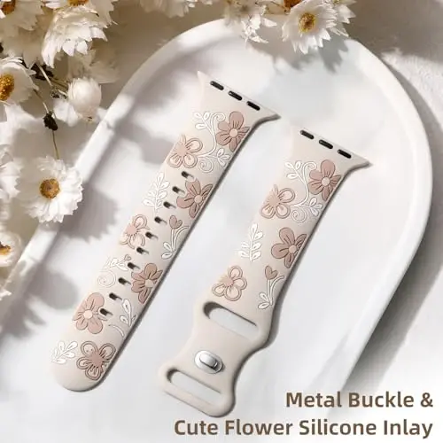Witzon Floral Silicone Band Compatible with Apple Watch Bands For Women | 40mm 41mm 38mm 42mm 44mm 45mm 46mm 49mm, Engraved Cute Dressy Strap for iWatch Series 12 11 10 9 8 7 6 5 SE Ultra 4 3 2 1 - 5