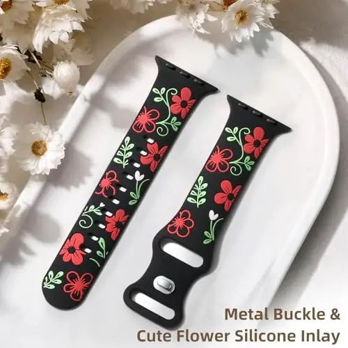 Witzon Floral Silicone Band Compatible with Apple Watch Bands For Women | 40mm 41mm 38mm 42mm 44mm 45mm 46mm 49mm, Engraved Cute Dressy Strap for iWatch Series 12 11 10 9 8 7 6 5 SE Ultra 4 3 2 1 - 5