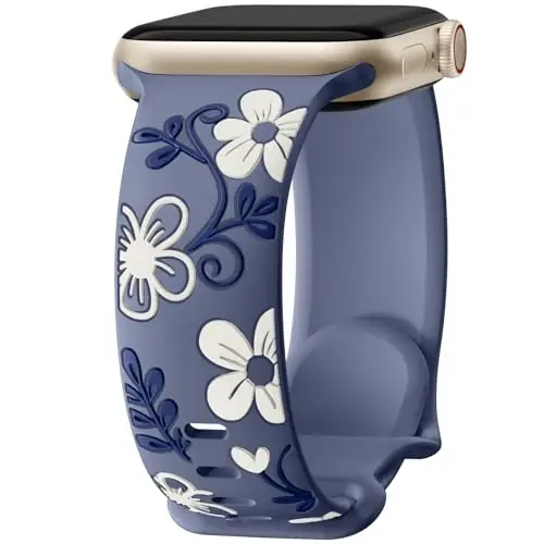 Witzon Floral Silicone Band Compatible with Apple Watch Bands For Women | 40mm 41mm 38mm 42mm 44mm 45mm 46mm 49mm, Engraved Cute Dressy Strap for iWatch Series 12 11 10 9 8 7 6 5 SE Ultra 4 3 2 1 - 1