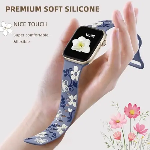 Witzon Floral Silicone Band Compatible with Apple Watch Bands For Women | 40mm 41mm 38mm 42mm 44mm 45mm 46mm 49mm, Engraved Cute Dressy Strap for iWatch Series 12 11 10 9 8 7 6 5 SE Ultra 4 3 2 1 - 3