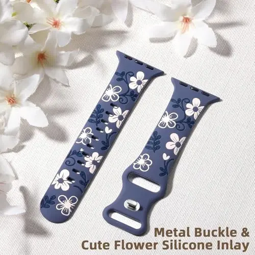 Witzon Floral Silicone Band Compatible with Apple Watch Bands For Women | 40mm 41mm 38mm 42mm 44mm 45mm 46mm 49mm, Engraved Cute Dressy Strap for iWatch Series 12 11 10 9 8 7 6 5 SE Ultra 4 3 2 1 - 4