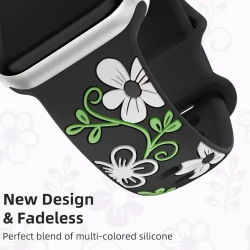 Witzon Floral Silicone Band Compatible with Apple Watch Bands For Women | 40mm 41mm 38mm 42mm 44mm 45mm 46mm 49mm, Engraved Cute Dressy Strap for iWatch Series 12 11 10 9 8 7 6 5 SE Ultra 4 3 2 1 - 3