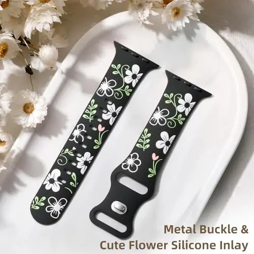 Witzon Floral Silicone Band Compatible with Apple Watch Bands For Women | 40mm 41mm 38mm 42mm 44mm 45mm 46mm 49mm, Engraved Cute Dressy Strap for iWatch Series 12 11 10 9 8 7 6 5 SE Ultra 4 3 2 1 - 5