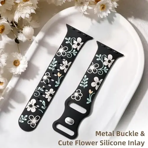 Witzon Floral Silicone Band Compatible with Apple Watch Bands For Women | 40mm 41mm 38mm 42mm 44mm 45mm 46mm 49mm, Engraved Cute Dressy Strap for iWatch Series 12 11 10 9 8 7 6 5 SE Ultra 4 3 2 1 - 5