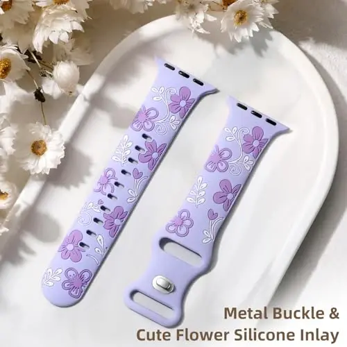 Witzon Floral Silicone Band Compatible with Apple Watch Bands For Women | 40mm 41mm 38mm 42mm 44mm 45mm 46mm 49mm, Engraved Cute Dressy Strap for iWatch Series 12 11 10 9 8 7 6 5 SE Ultra 4 3 2 1 - 5