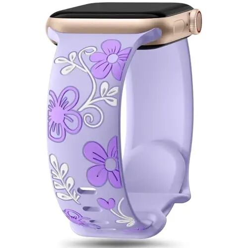 Witzon Floral Silicone Band Compatible with Apple Watch Bands For Women | 40mm 41mm 38mm 42mm 44mm 45mm 46mm 49mm, Engraved Cute Dressy Strap for iWatch Series 12 11 10 9 8 7 6 5 SE Ultra 4 3 2 1 - Witzon