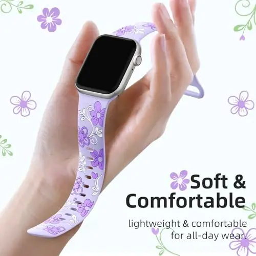 Witzon Floral Silicone Band Compatible with Apple Watch Bands For Women | 40mm 41mm 38mm 42mm 44mm 45mm 46mm 49mm, Engraved Cute Dressy Strap for iWatch Series 12 11 10 9 8 7 6 5 SE Ultra 4 3 2 1 - Witzon (1)