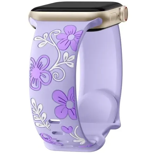 Witzon Floral Silicone Band Compatible with Apple Watch Bands For Women | 40mm 41mm 38mm 42mm 44mm 45mm 46mm 49mm, Engraved Cute Dressy Strap for iWatch Series 12 11 10 9 8 7 6 5 SE Ultra 4 3 2 1 - 1