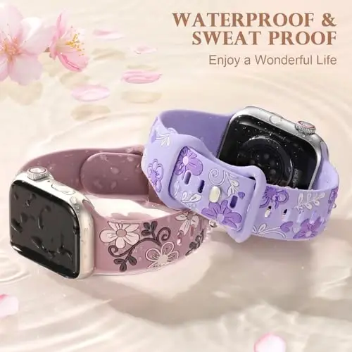 Witzon Floral Silicone Band Compatible with Apple Watch Bands For Women | 40mm 41mm 38mm 42mm 44mm 45mm 46mm 49mm, Engraved Cute Dressy Strap for iWatch Series 12 11 10 9 8 7 6 5 SE Ultra 4 3 2 1 - 5