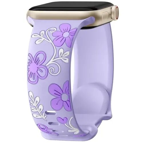 Witzon Floral Silicone Band Compatible with Apple Watch Bands For Women | 40mm 41mm 38mm 42mm 44mm 45mm 46mm 49mm, Engraved Cute Dressy Strap for iWatch Series 12 11 10 9 8 7 6 5 SE Ultra 4 3 2 1 - Witzon