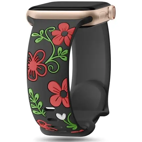 Witzon Floral Silicone Band Compatible with Apple Watch Bands For Women | 40mm 41mm 38mm 42mm 44mm 45mm 46mm 49mm, Engraved Cute Dressy Strap for iWatch Series 12 11 10 9 8 7 6 5 SE Ultra 4 3 2 1 - 1