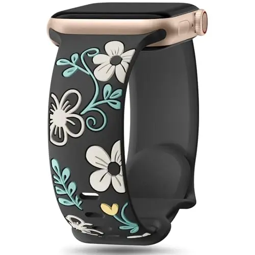 Witzon Floral Silicone Band Compatible with Apple Watch Bands For Women | 40mm 41mm 38mm 42mm 44mm 45mm 46mm 49mm, Engraved Cute Dressy Strap for iWatch Series 12 11 10 9 8 7 6 5 SE Ultra 4 3 2 1 - 1