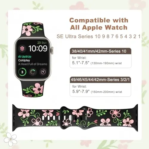Witzon Floral Silicone Band Compatible with Apple Watch Bands For Women | 40mm 41mm 38mm 42mm 44mm 45mm 46mm 49mm, Engraved Cute Dressy Strap for iWatch Series 12 11 10 9 8 7 6 5 SE Ultra 4 3 2 1 - 6