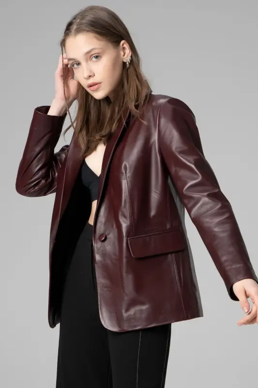 Wm011 Gerçek Deri Kadın Blazer Ceket Bordo-BORDO - 2