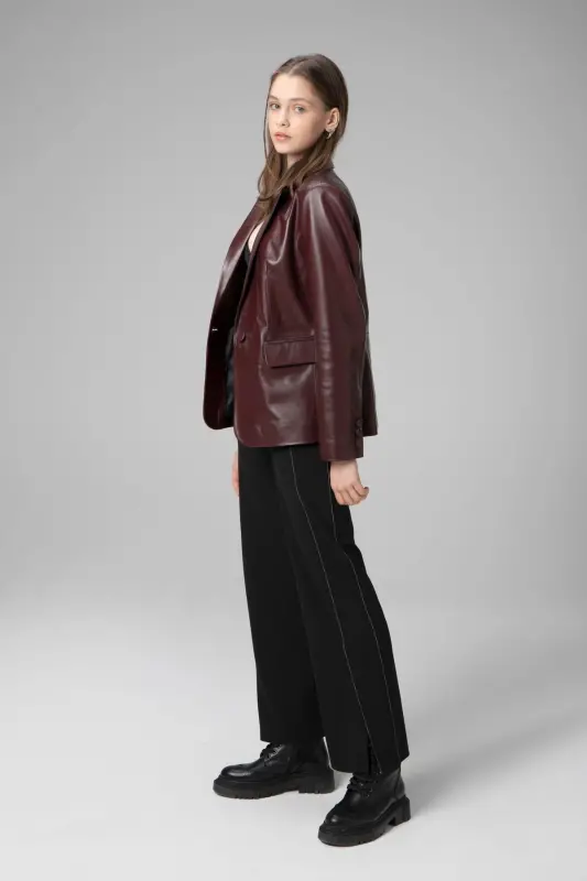 Wm011 Gerçek Deri Kadın Blazer Ceket Bordo-BORDO - 5