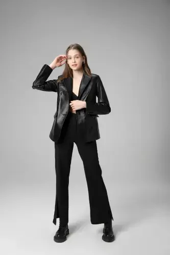 Wm011 Haqiqiy Teri Ayollar Blazer Kurtkasi Qora-QORA - 1