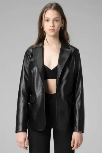 Wm011 Haqiqiy Teri Ayollar Blazer Kurtkasi Qora-QORA - 3