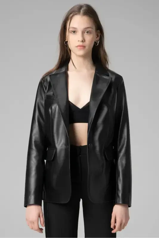 Wm011 Haqiqiy Teri Ayollar Blazer Kurtkasi Qora-QORA - 3