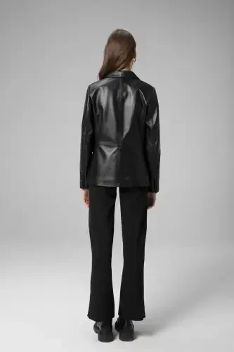Wm011 Haqiqiy Teri Ayollar Blazer Kurtkasi Qora-QORA - 5