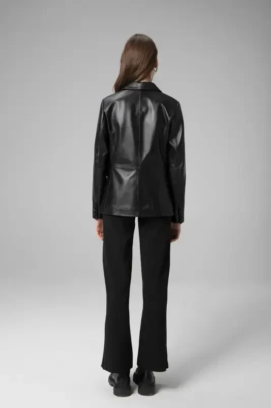 Wm011 Haqiqiy Teri Ayollar Blazer Kurtkasi Qora-QORA - 5