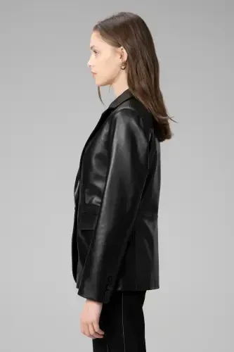 Wm011 Haqiqiy Teri Ayollar Blazer Kurtkasi Qora-QORA - 6