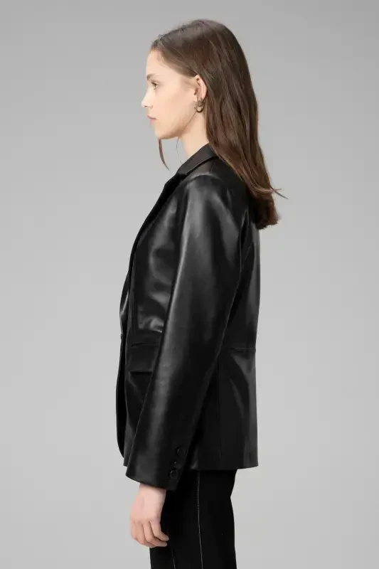 Wm011 Haqiqiy Teri Ayollar Blazer Kurtkasi Qora-QORA - 6