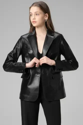 Wm011 Haqiqiy Teri Ayollar Blazer Kurtkasi Qora-QORA - 7