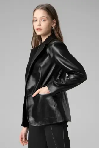 Wm011 Haqiqiy Teri Ayollar Blazer Kurtkasi Qora-QORA - 8