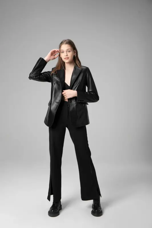 Wm011 Haqiqiy Teri Ayollar Blazer Kurtkasi Qora-QORA - DERICLUB