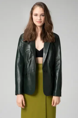 Wm011 Real Leather Women Blazer Jacket Green-GREEN 
