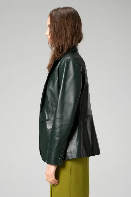 Wm011 Real Leather Women Blazer Jacket Green-GREEN - 3