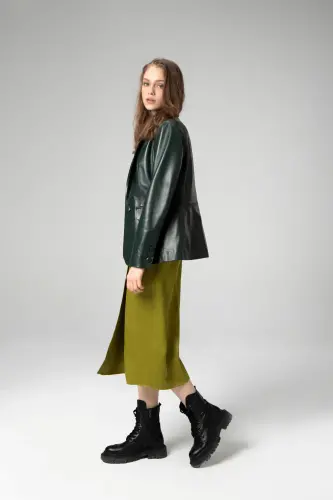 Wm011 Real Leather Women Blazer Jacket Green-GREEN - 5