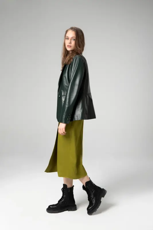 Wm011 Real Leather Women Blazer Jacket Green-GREEN - 5