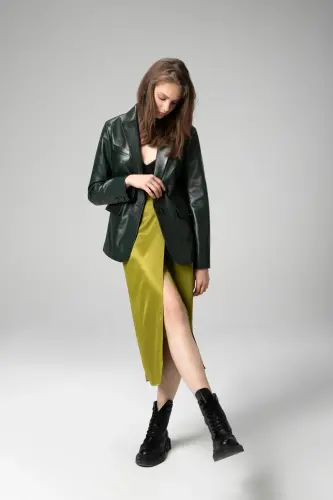 Wm011 Real Leather Women Blazer Jacket Green-GREEN - 6