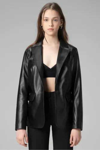 Wm011 Real Leather Women's Blazer Jacket Black-BLACK - 3
