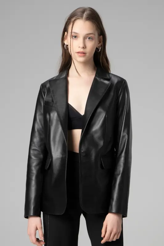 Wm011 Real Leather Women's Blazer Jacket Black-BLACK - 4