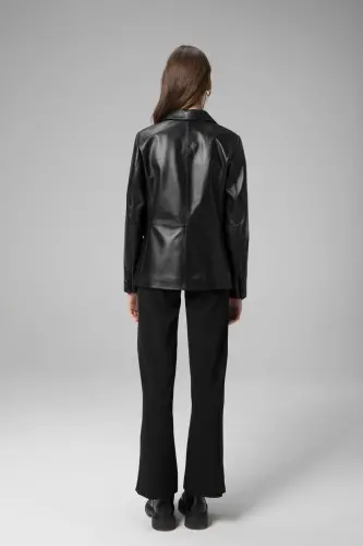 Wm011 Real Leather Women's Blazer Jacket Black-BLACK - 5