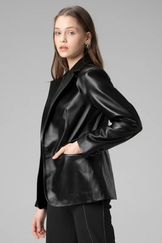 Wm011 Real Leather Women's Blazer Jacket Black-BLACK - 8