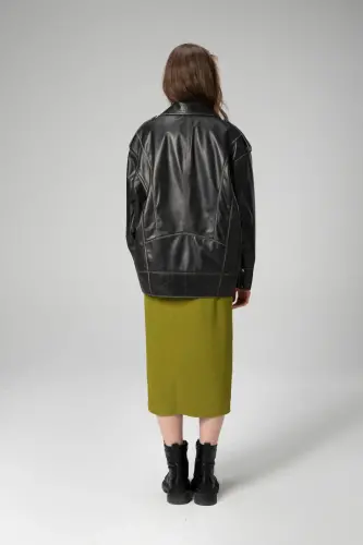 Wm019 Oversize Biker Genuine Leather Women's Jacket Black/beige - 3