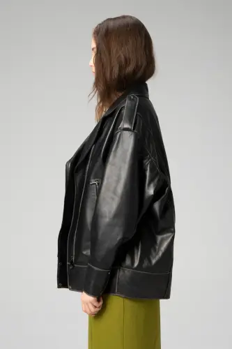 Wm019 Oversize Biker Genuine Leather Women's Jacket Black/beige - 4