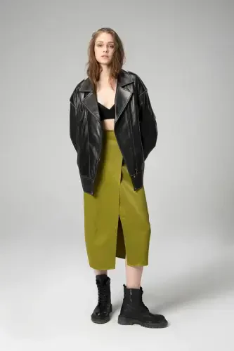 Wm019 Oversize Biker Genuine Leather Women's Jacket Black/beige - 5